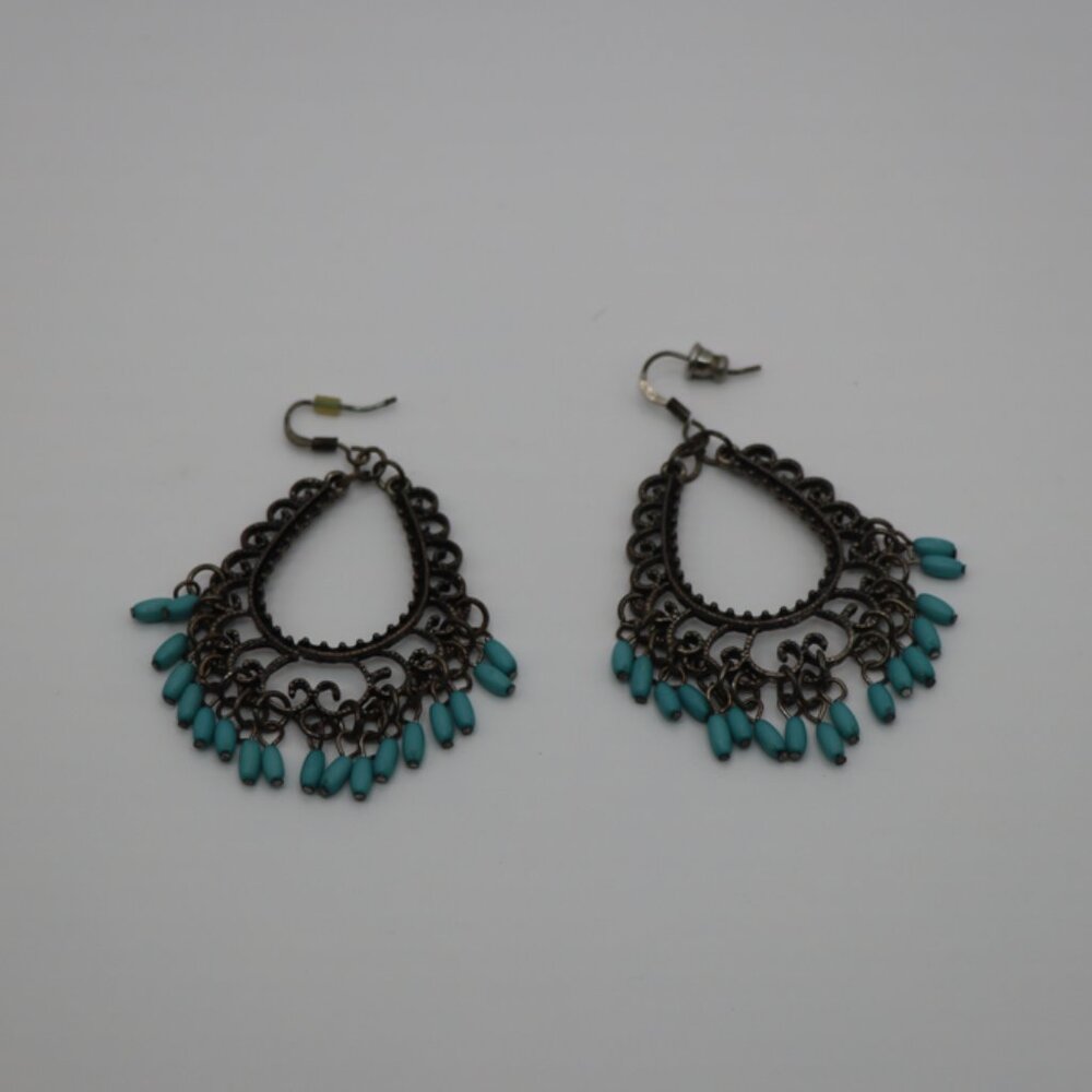 Vintage Blue Bead Dangle Earrings Dark Metal Scroll Design